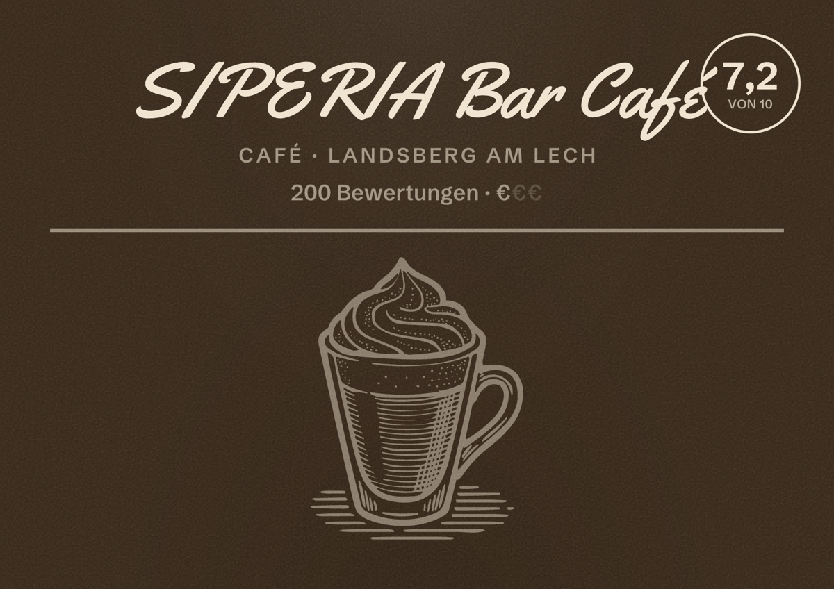 Illustriertes Poster von SIPERIA Bar Café, Café in Landsberg am Lech: Bewertung 7,2 von 10 aus 200 Bewertungen, Preisniveau €