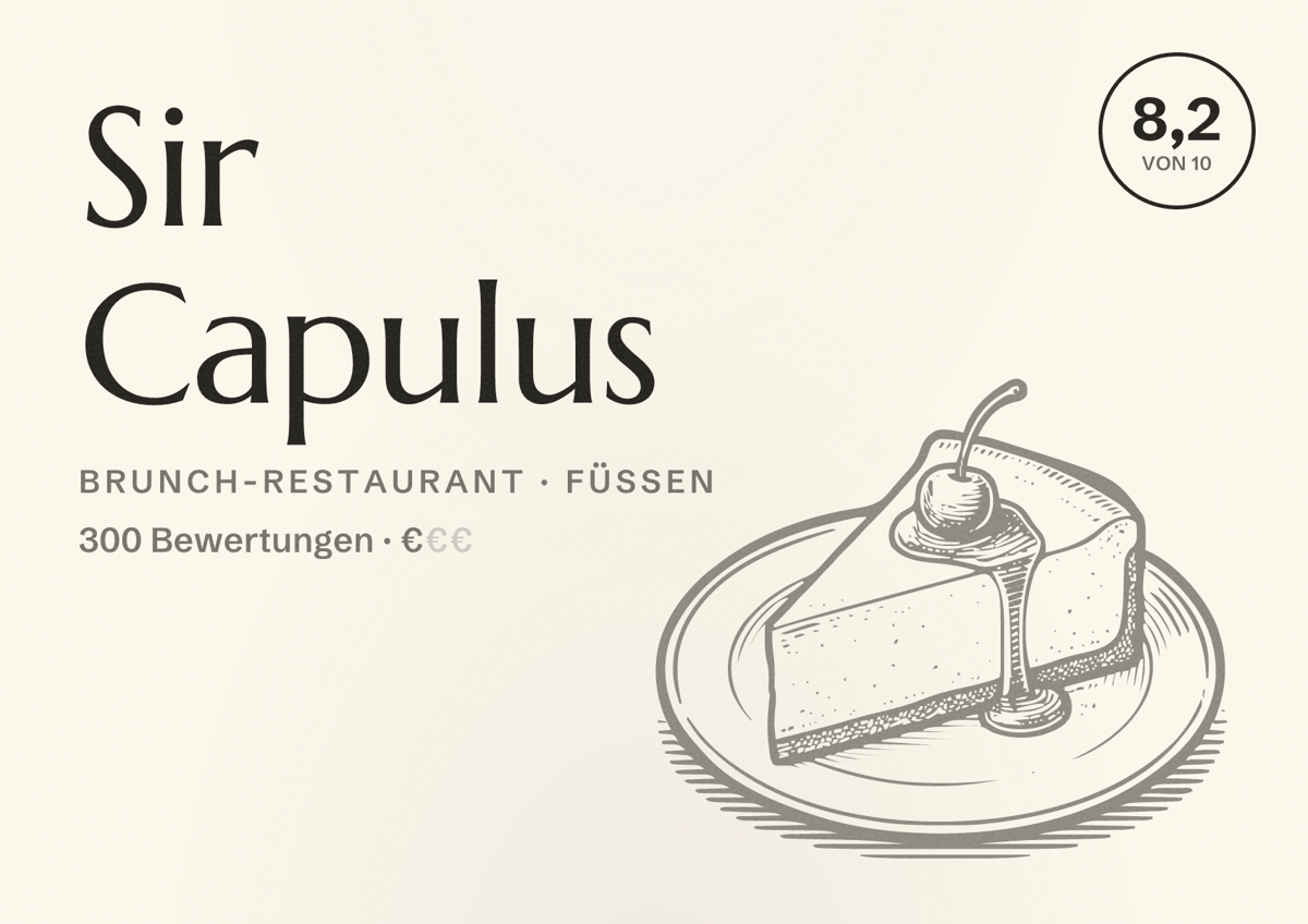 Illustriertes Poster von Sir Capulus, Brunch-Restaurant in Füssen: Bewertung 8,2 von 10 aus 300 Bewertungen, Preisniveau €
