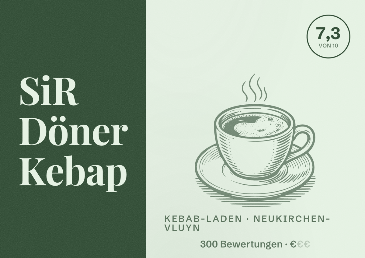 Illustriertes Poster von SiR Döner Kebap, Kebab-Laden in Neukirchen-Vluyn: Bewertung 7,3 von 10 aus 300 Bewertungen, Preisniveau €