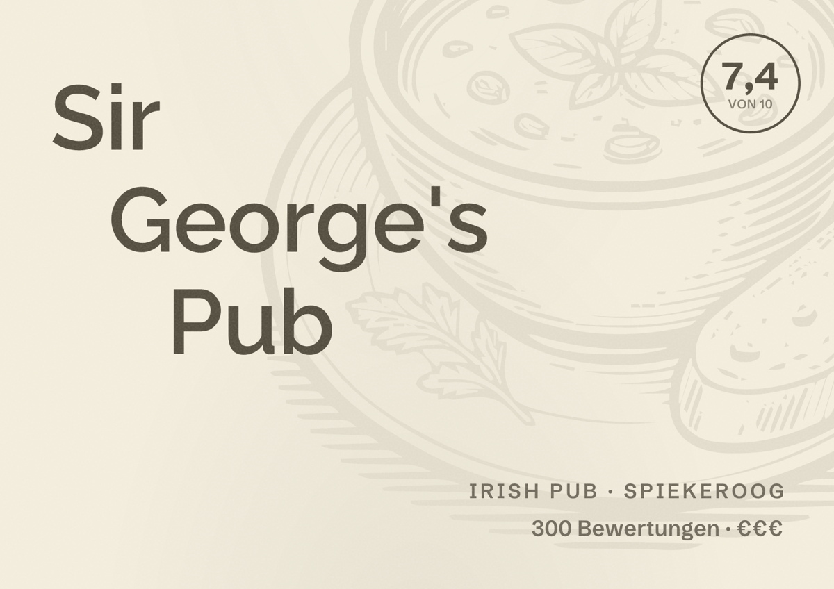 Illustriertes Poster von Sir George's Pub, Irish Pub in Spiekeroog: Bewertung 7,4 von 10 aus 300 Bewertungen, Preisniveau €€€