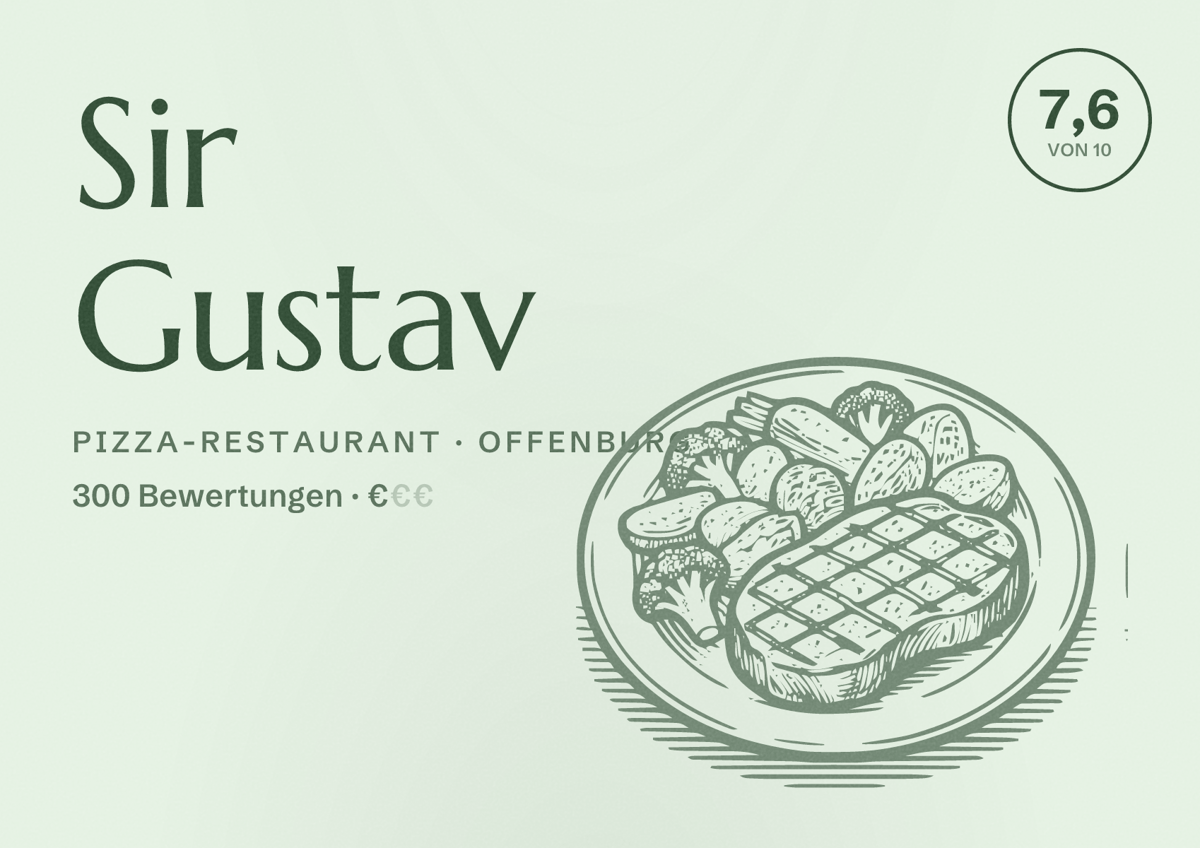 Illustriertes Poster von Sir Gustav, Pizza-Restaurant in Offenburg: Bewertung 7,6 von 10 aus 300 Bewertungen, Preisniveau €