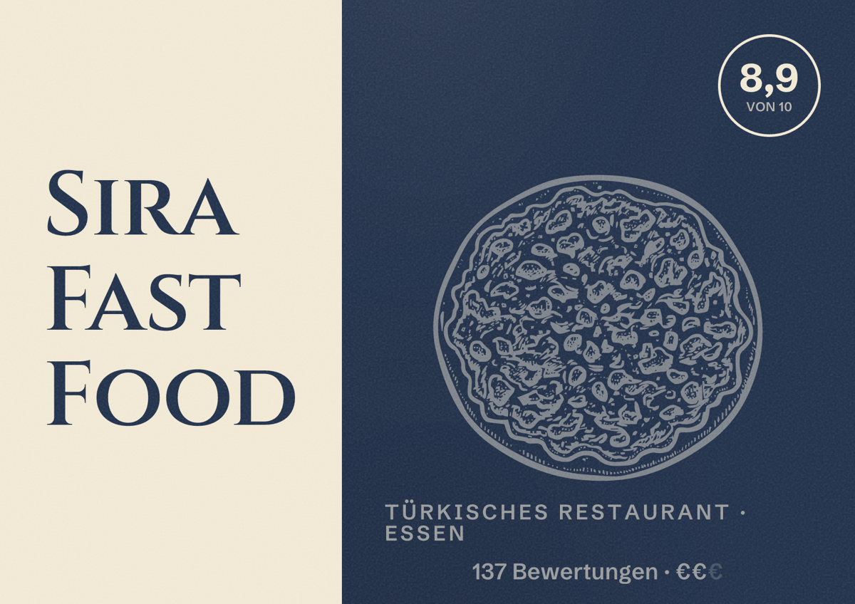 Illustriertes Poster von Sira Fast Food, Türkisches Restaurant in Essen: Bewertung 8,9 von 10 aus 137 Bewertungen, Preisniveau €€
