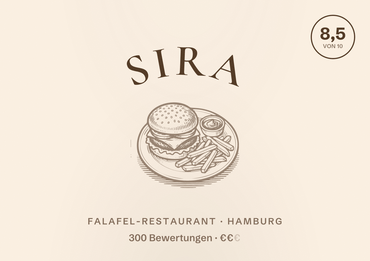 Illustriertes Poster von SIRA, Falafel-Restaurant in Hamburg: Bewertung 8,5 von 10 aus 300 Bewertungen, Preisniveau €€
