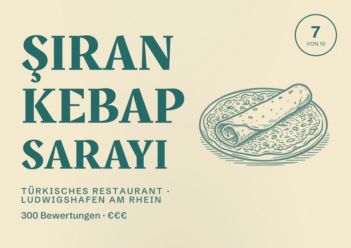 Illustriertes Poster von Şiran Kebap Sarayı, Türkisches Restaurant in Ludwigshafen am Rhein: Bewertung 7 von 10 aus 300 Bewertungen, Preisniveau €€€