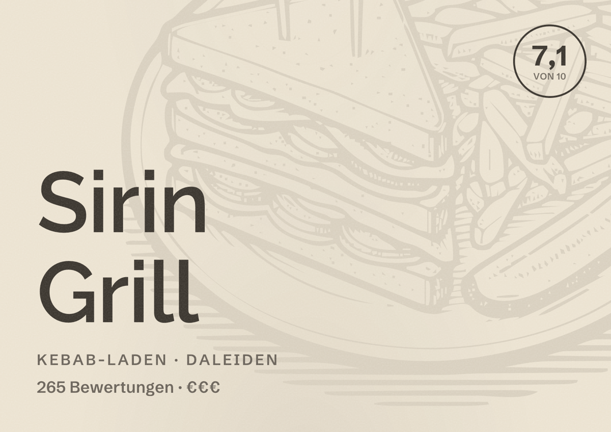 Illustriertes Poster von Sirin Grill, Kebab-Laden in Daleiden: Bewertung 7,1 von 10 aus 265 Bewertungen, Preisniveau €€€