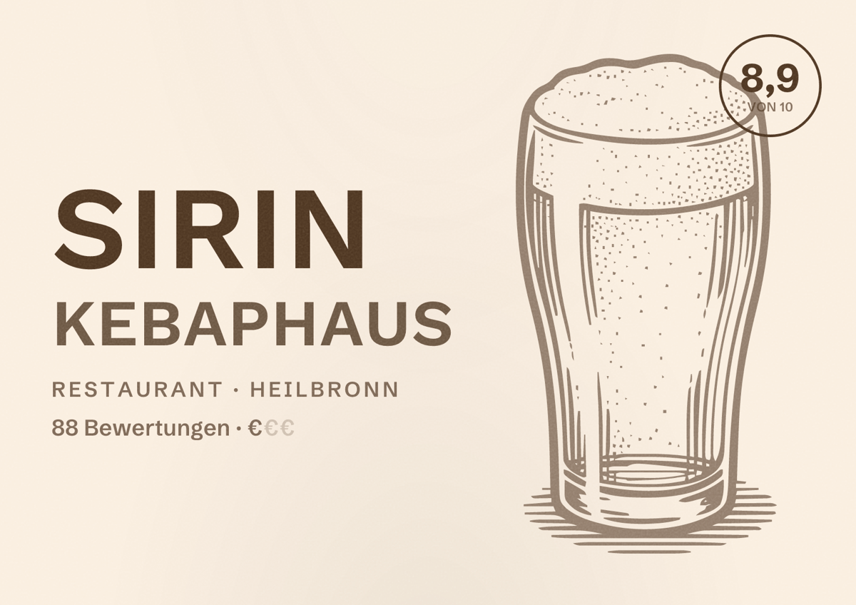 Illustriertes Poster von Sirin Kebaphaus, Restaurant in Heilbronn: Bewertung 8,9 von 10 aus 88 Bewertungen, Preisniveau €