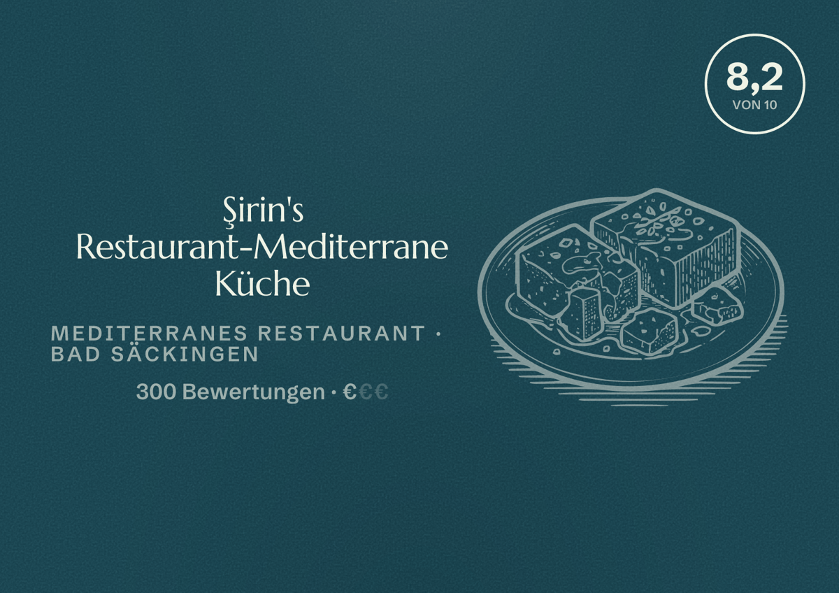 Illustriertes Poster von Şirin's Restaurant-Mediterrane Küche, Mediterranes Restaurant in Bad Säckingen: Bewertung 8,2 von 10 aus 300 Bewertungen, Preisniveau €