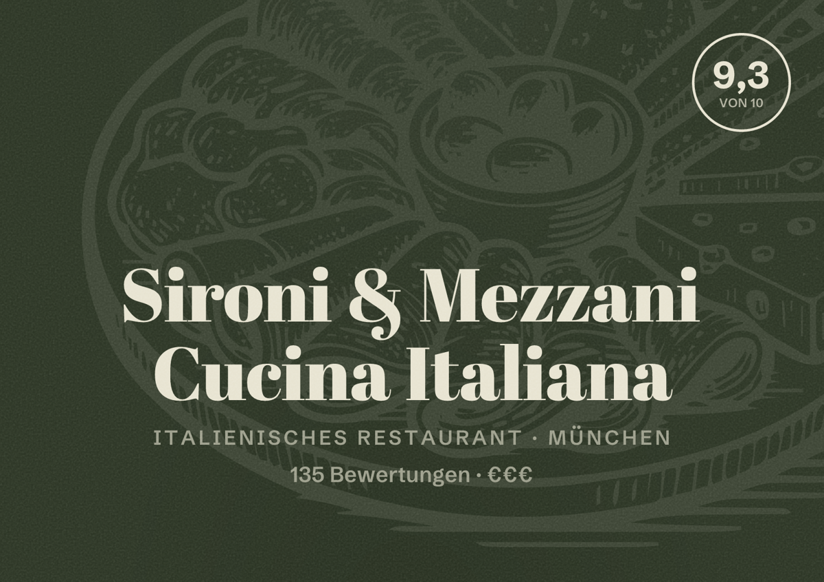 Illustriertes Poster von Sironi & Mezzani Cucina Italiana, Italienisches Restaurant in München: Bewertung 9,3 von 10 aus 135 Bewertungen, Preisniveau €€€