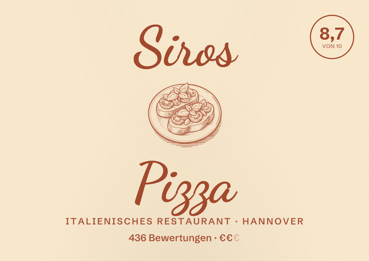 Illustriertes Poster von Siros Pizza, Italienisches Restaurant in Hannover: Gästebewertung 8,7 von 10 aus 436 Bewertungen