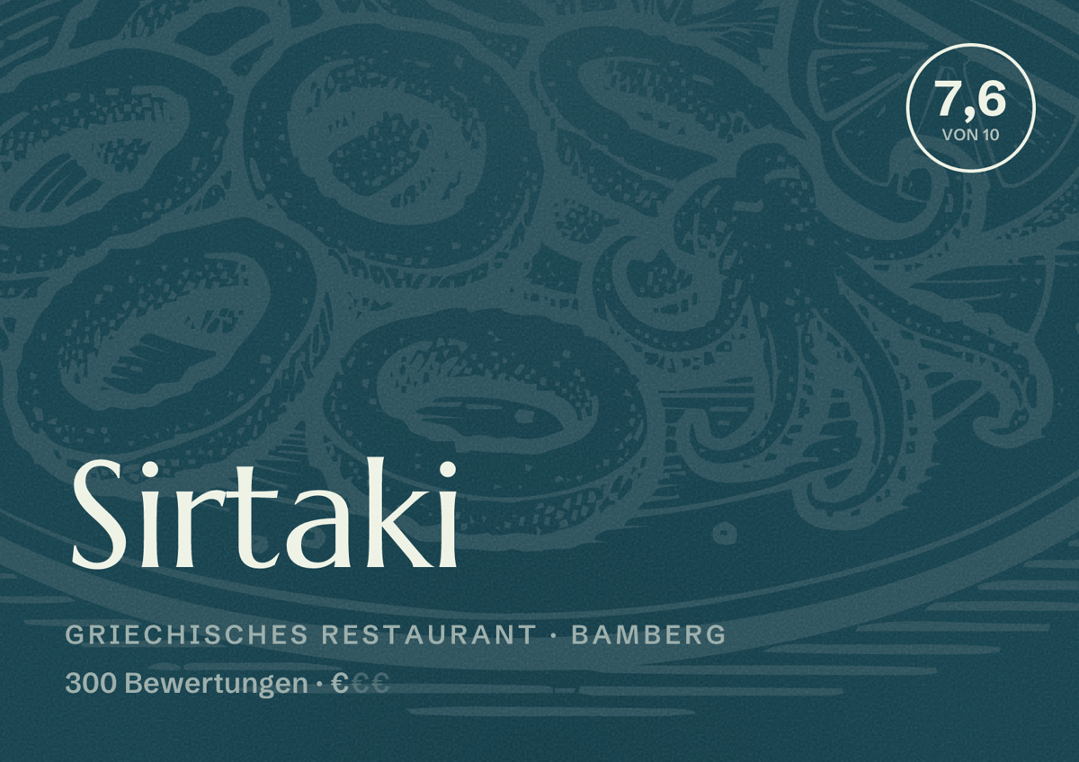 Illustriertes Poster von Sirtaki, Griechisches Restaurant in Bamberg: Bewertung 7,6 von 10 aus 300 Bewertungen, Preisniveau €