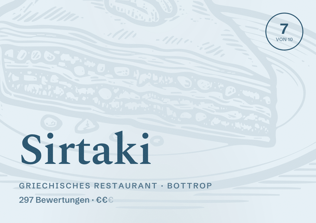 Illustriertes Poster von Sirtaki, Griechisches Restaurant in Bottrop: Bewertung 7,0 von 10 aus 297 Bewertungen, Preisniveau €€