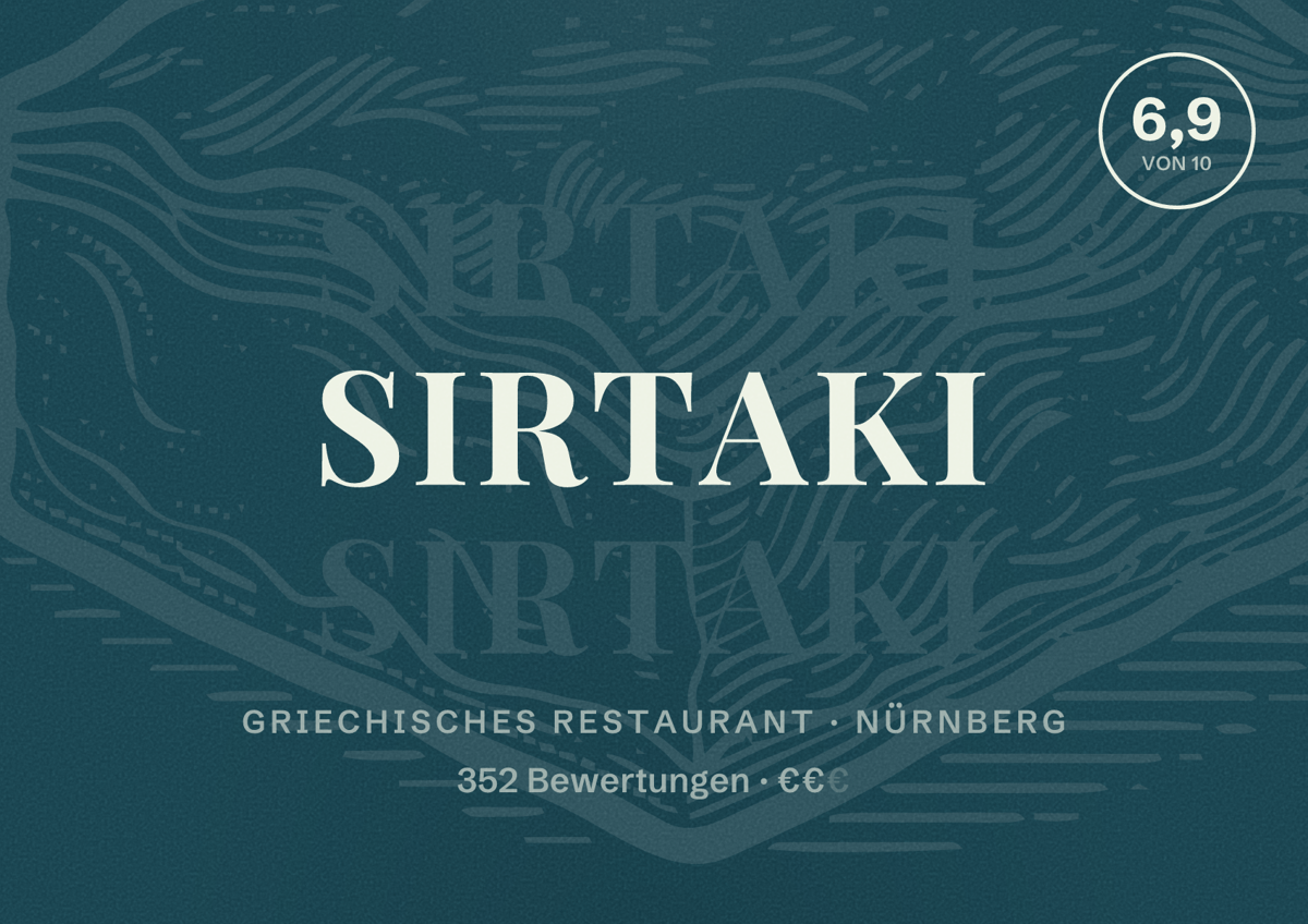 Illustriertes Poster von Sirtaki, Griechisches Restaurant in Nürnberg: Bewertung 6,9 von 10 aus 352 Bewertungen, Preisniveau €€