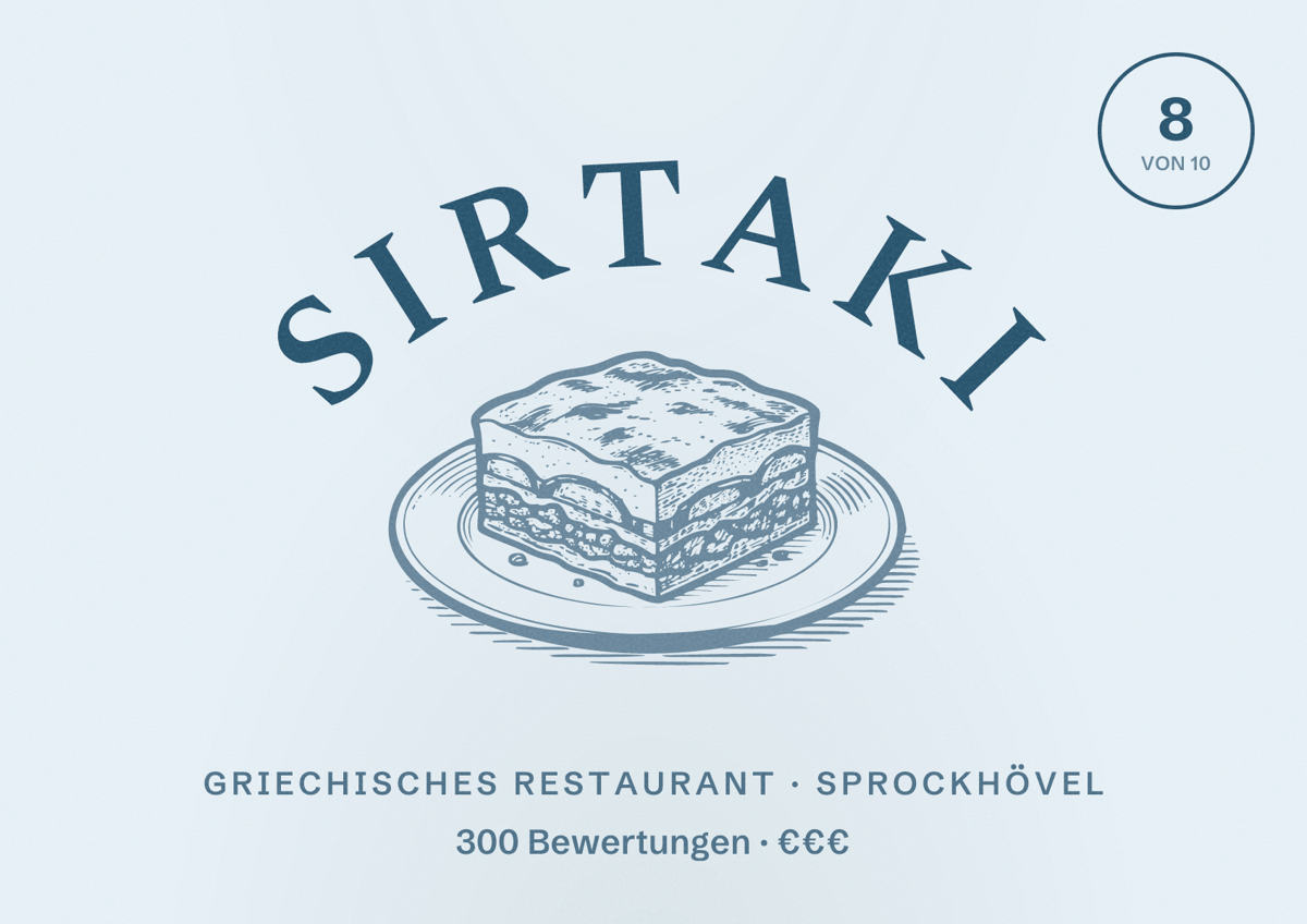 Illustriertes Poster von Sirtaki, Griechisches Restaurant in Sprockhövel: Bewertung 8 von 10 aus 300 Bewertungen, Preisniveau €€€