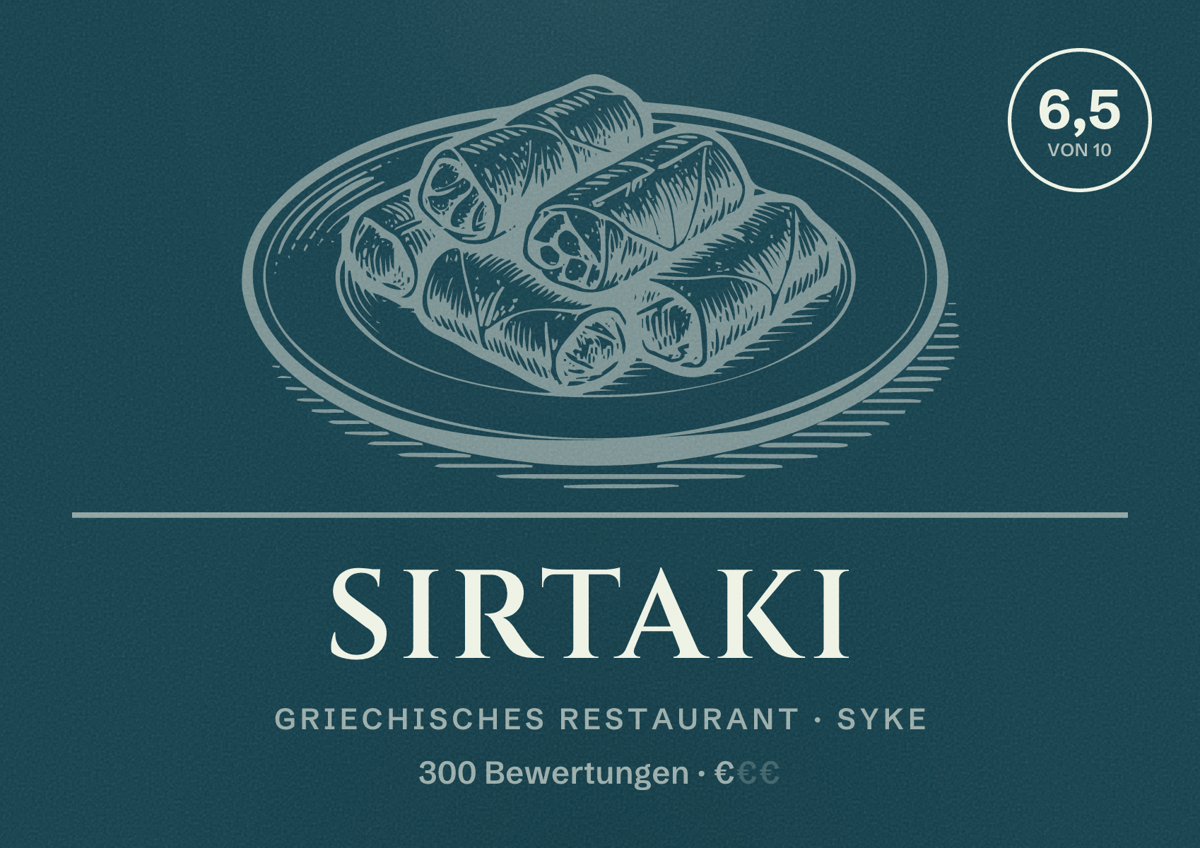 Illustriertes Poster von Sirtaki, Griechisches Restaurant in Syke: Bewertung 6,5 von 10 aus 300 Bewertungen, Preisniveau €
