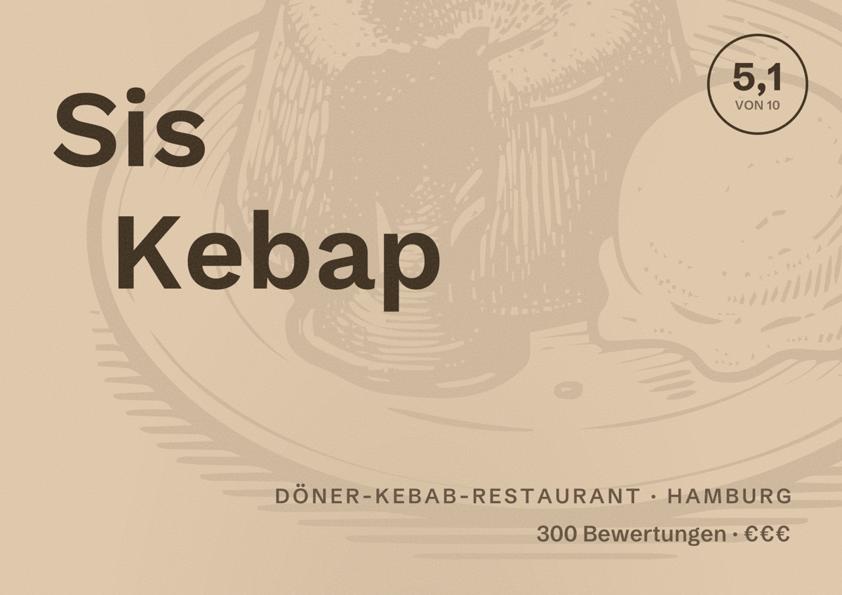 Illustriertes Poster von Sis Kebap, Döner-Kebab-Restaurant in Hamburg: Bewertung 5,1 von 10 aus 300 Bewertungen, Preisniveau €€€