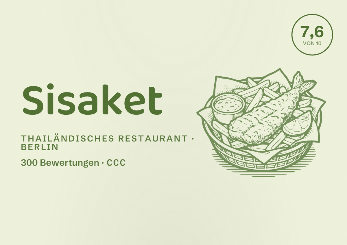 Illustriertes Poster von Sisaket, Thailändisches Restaurant in Berlin: Bewertung 7,6 von 10 aus 300 Bewertungen, Preisniveau €€€