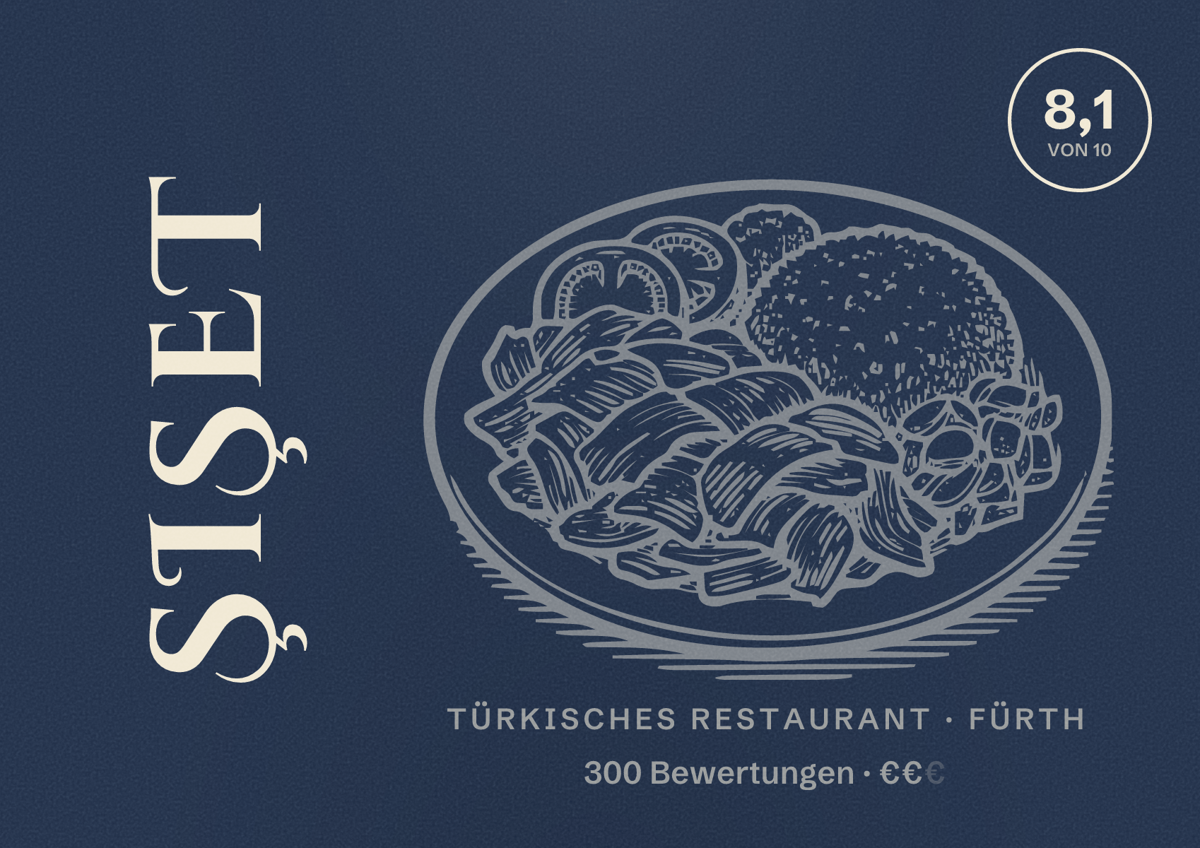 Illustriertes Poster von Şişet, Türkisches Restaurant in Fürth: Bewertung 8,1 von 10 aus 300 Bewertungen, Preisniveau €€
