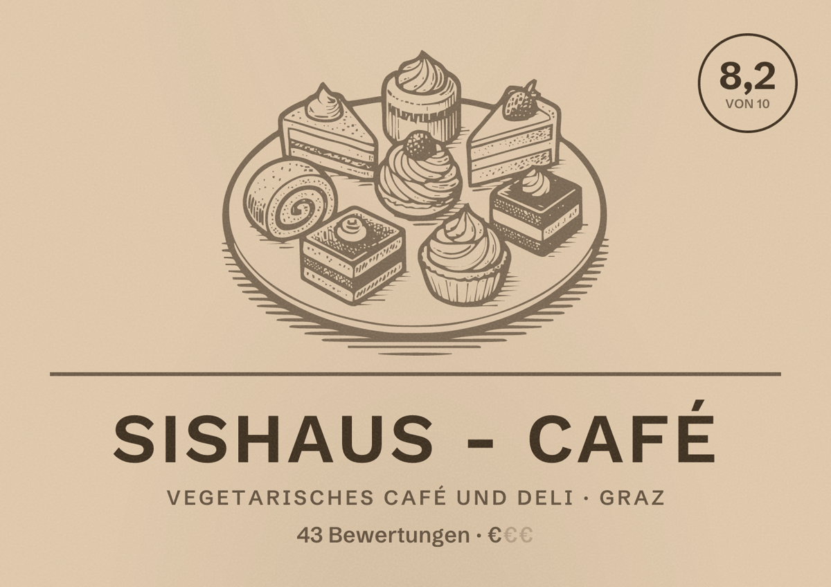 Illustriertes Poster von Sishaus - Café, Vegetarisches Café und Deli in Graz: Bewertung 8,2 von 10 aus 43 Bewertungen, Preisniveau €