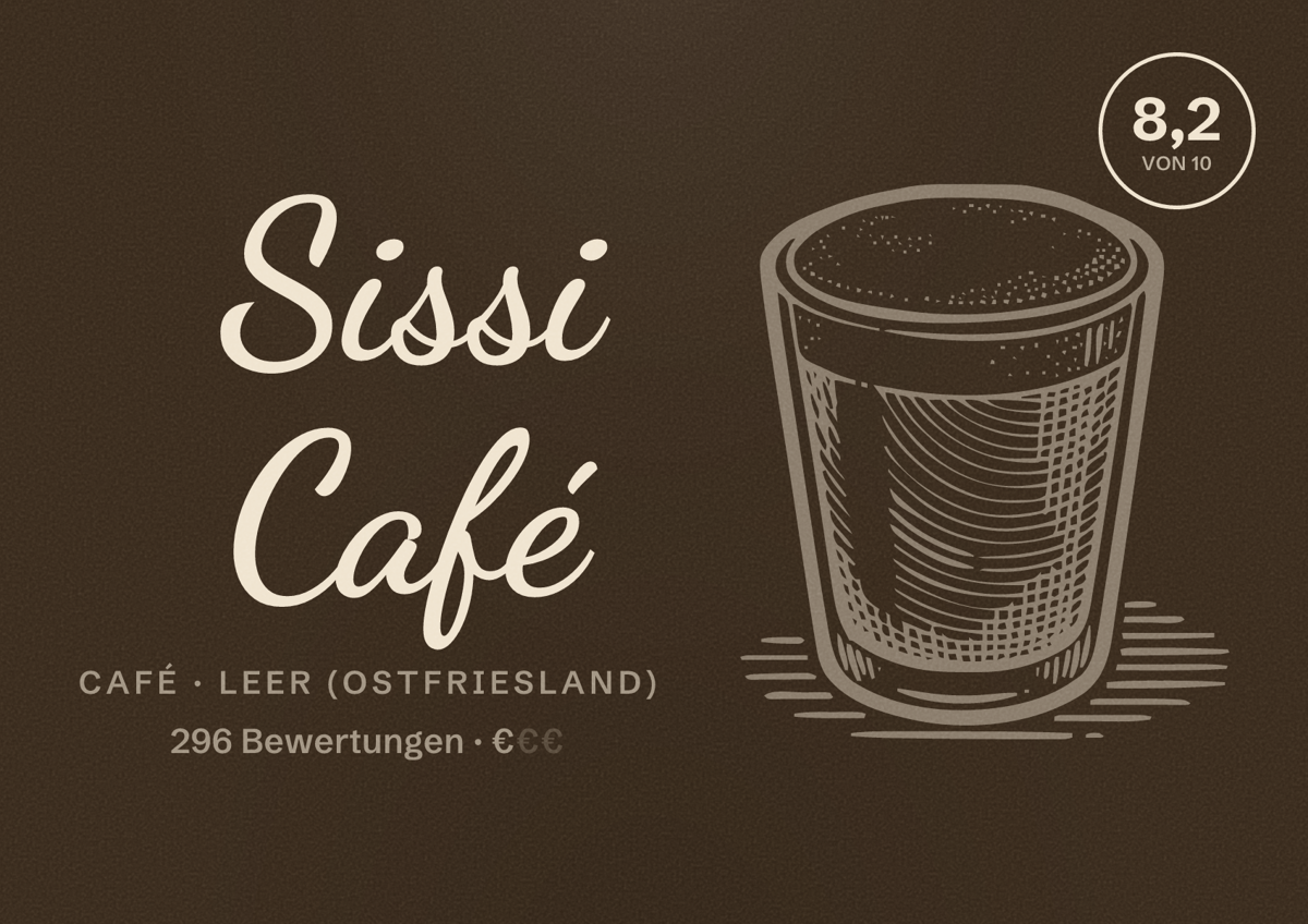 Illustriertes Poster von Sissi Café, Café in Leer (Ostfriesland): Bewertung 8,2 von 10 aus 296 Bewertungen, Preisniveau €