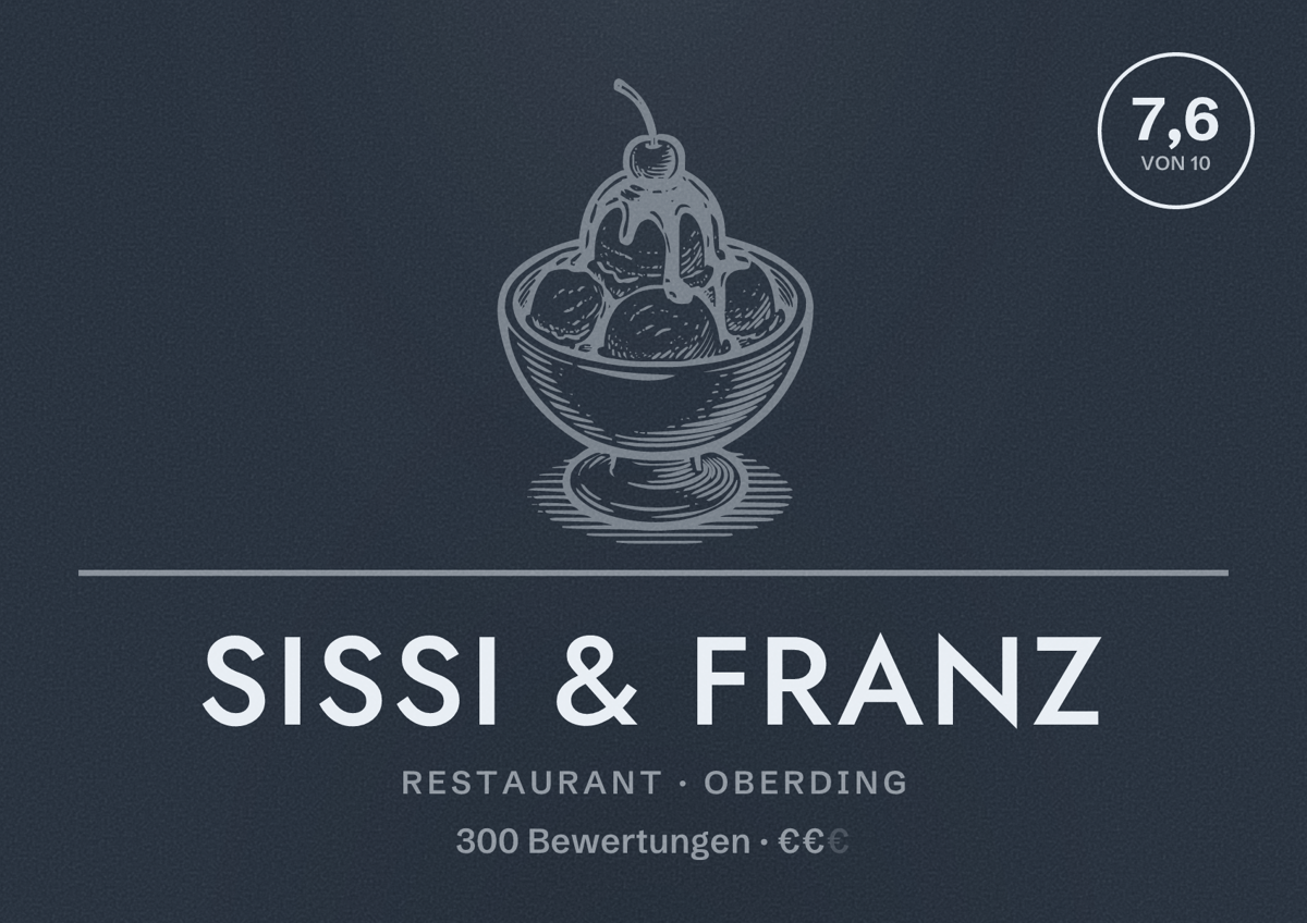 Illustriertes Poster von Sissi & Franz, Restaurant in Oberding: Bewertung 7,6 von 10 aus 300 Bewertungen, Preisniveau €€