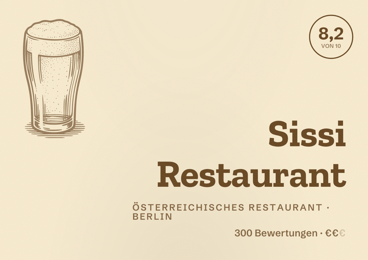 Illustriertes Poster von Sissi Restaurant, Österreichisches Restaurant in Berlin: Bewertung 8,2 von 10 aus 300 Bewertungen, Preisniveau €€