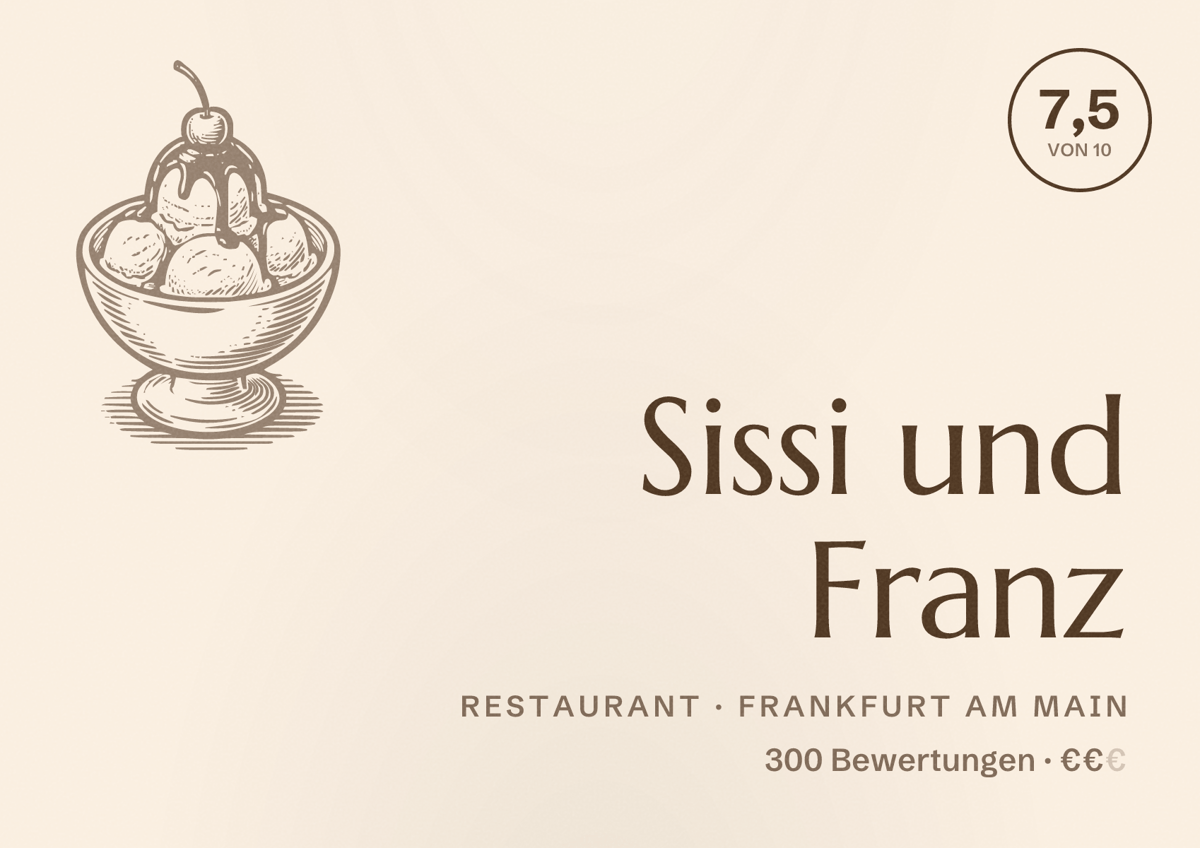 Illustriertes Poster von Sissi und Franz, Restaurant in Frankfurt am Main: Bewertung 7,5 von 10 aus 300 Bewertungen, Preisniveau €€
