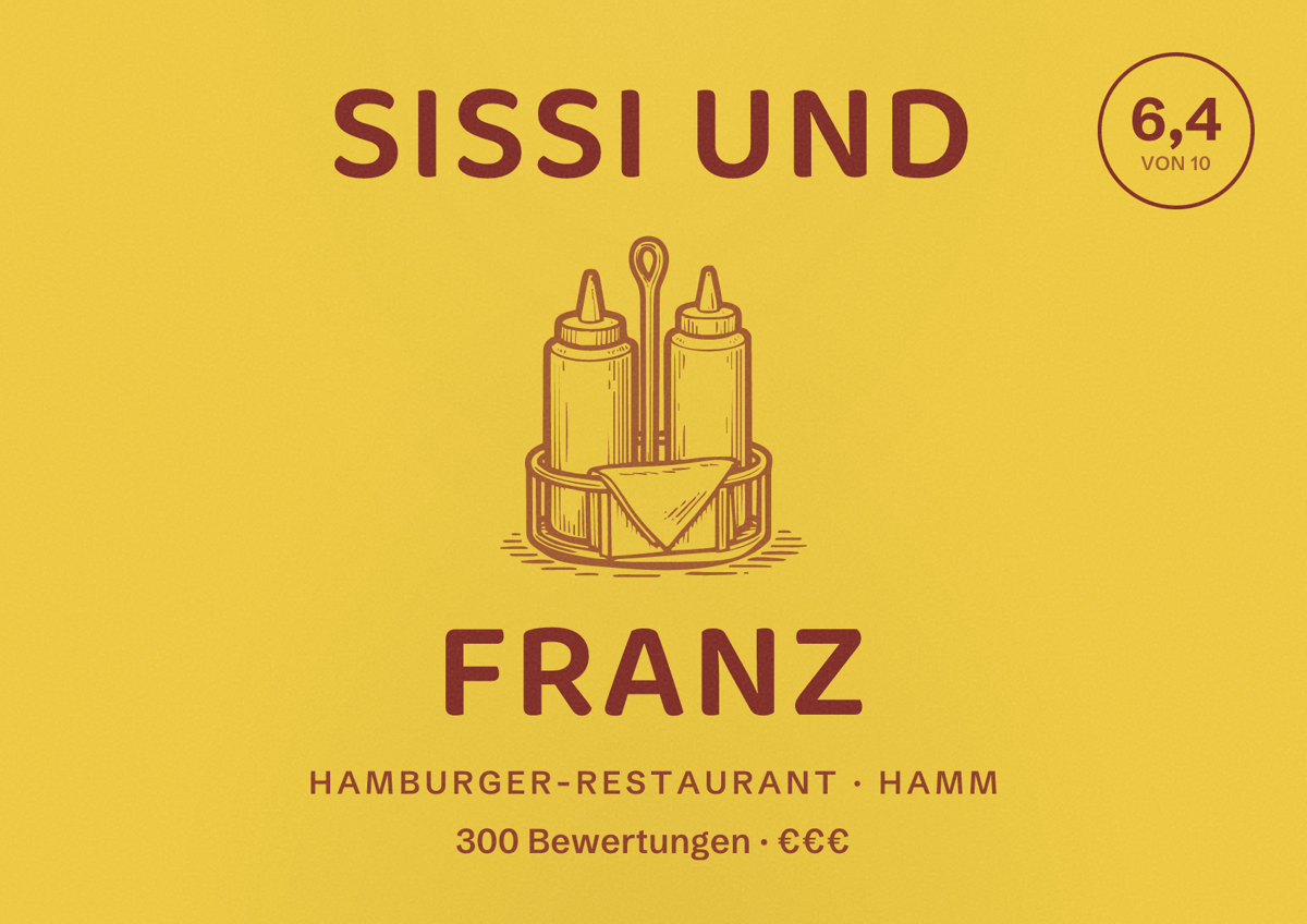 Illustriertes Poster von Sissi und Franz, Hamburger-Restaurant in Hamm: Bewertung 6,4 von 10 aus 300 Bewertungen, Preisniveau €€€
