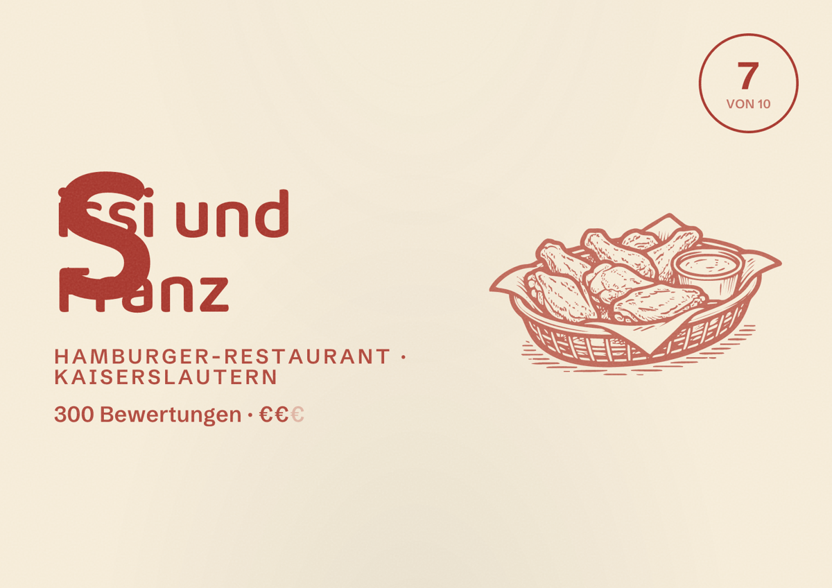 Illustriertes Poster von Sissi und Franz, Hamburger-Restaurant in Kaiserslautern: Bewertung 7 von 10 aus 300 Bewertungen, Preisniveau €€