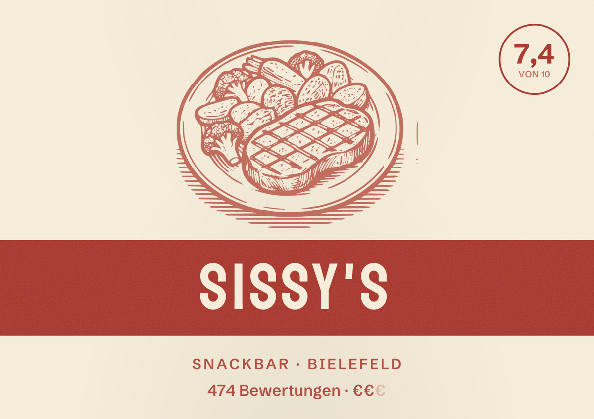 Illustriertes Poster von Sissy's, Snackbar in Bielefeld: Bewertung 7,4 von 10 aus 474 Bewertungen, Preisniveau €€