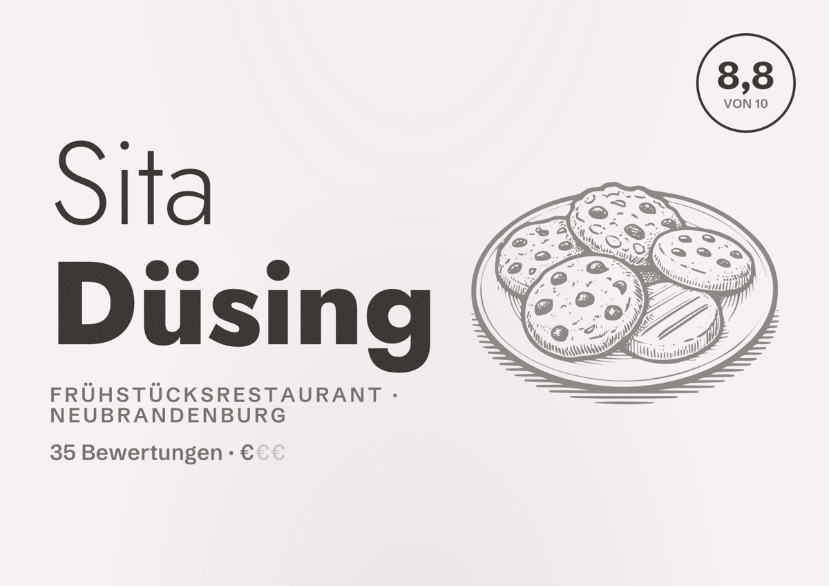 Illustriertes Poster von Sita Düsing, Frühstücksrestaurant in Neubrandenburg: Bewertung 8,8 von 10 aus 35 Bewertungen, Preisniveau €