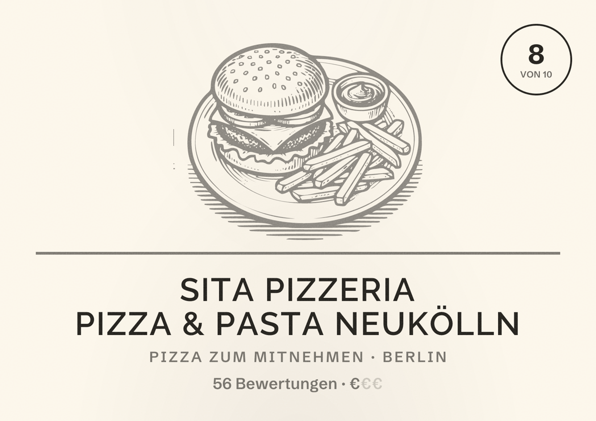 Illustriertes Poster von Sita Pizzeria Pizza & Pasta Neukölln, Pizza zum Mitnehmen in Berlin: Bewertung 8,0 von 10 aus 56 Bewertungen, Preisniveau €