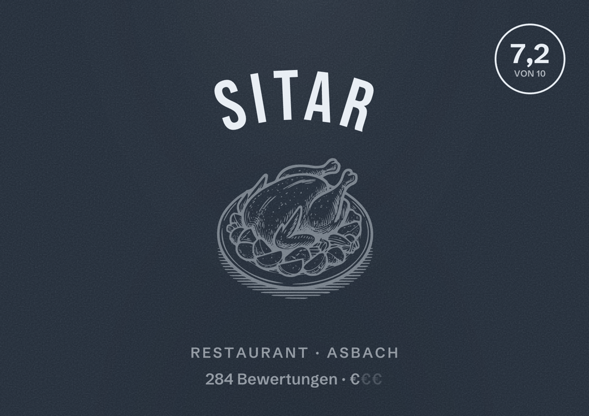 Illustriertes Poster von Sitar, Restaurant in Asbach: Bewertung 7,2 von 10 aus 284 Bewertungen, Preisniveau €