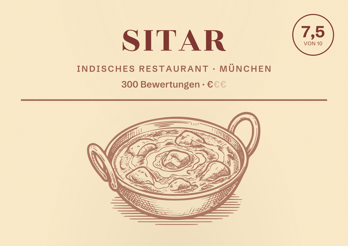 Illustriertes Poster von Sitar, Indisches Restaurant in München: Bewertung 7,5 von 10 aus 300 Bewertungen, Preisniveau €
