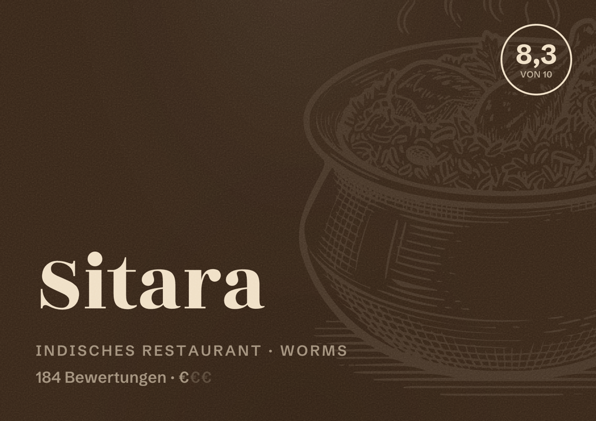 Illustriertes Poster von Sitara, Indisches Restaurant in Worms: Bewertung 8,3 von 10 aus 184 Bewertungen, Preisniveau €