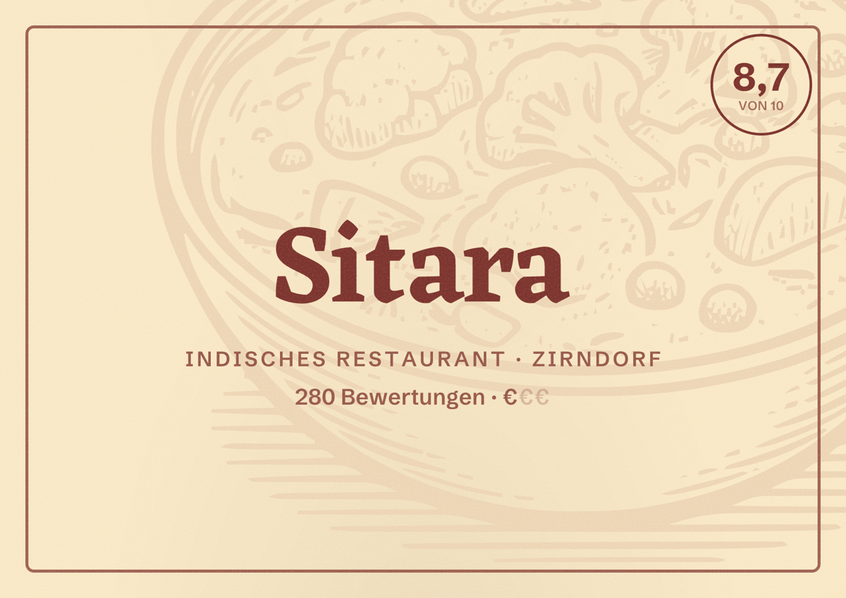 Illustriertes Poster von Sitara, Indisches Restaurant in Zirndorf: Bewertung 8,7 von 10 aus 280 Bewertungen, Preisniveau €