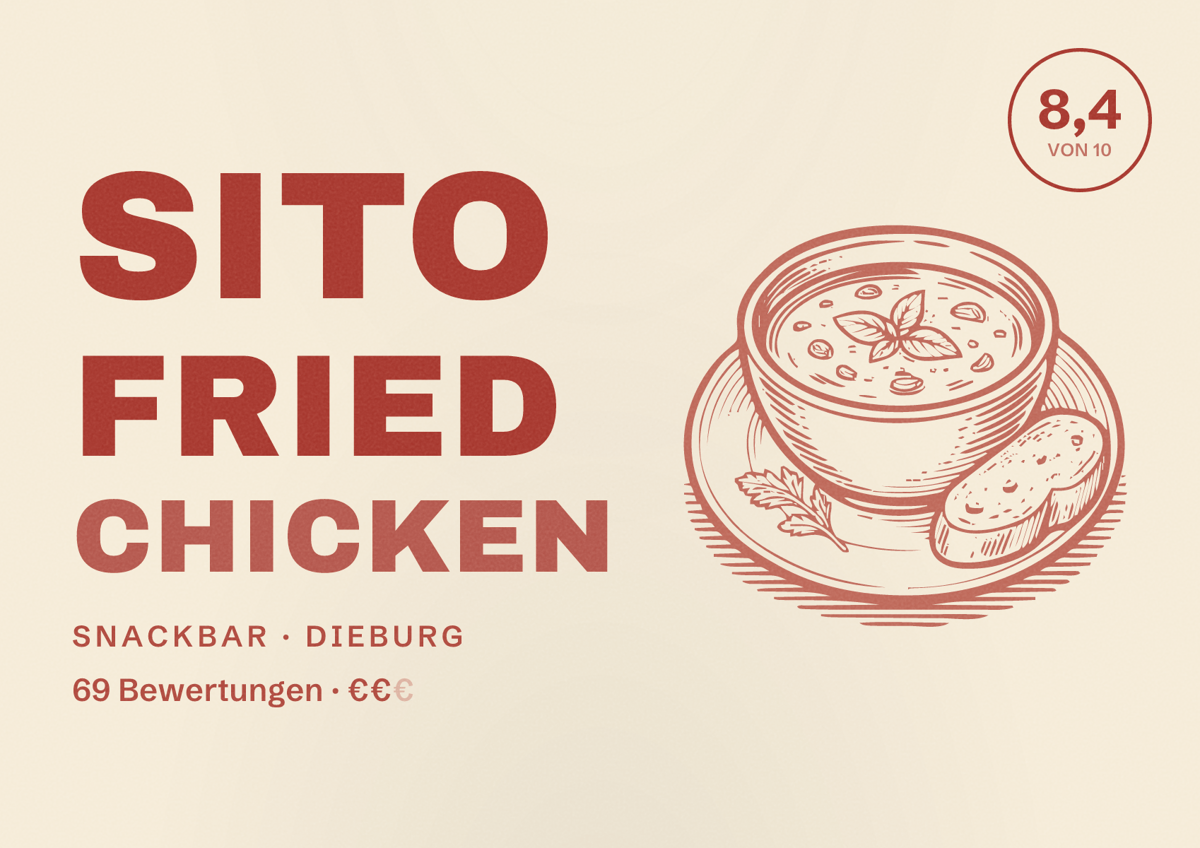 Illustriertes Poster von Sito Fried Chicken, Snackbar in Dieburg: Bewertung 8,4 von 10 aus 69 Bewertungen, Preisniveau €€