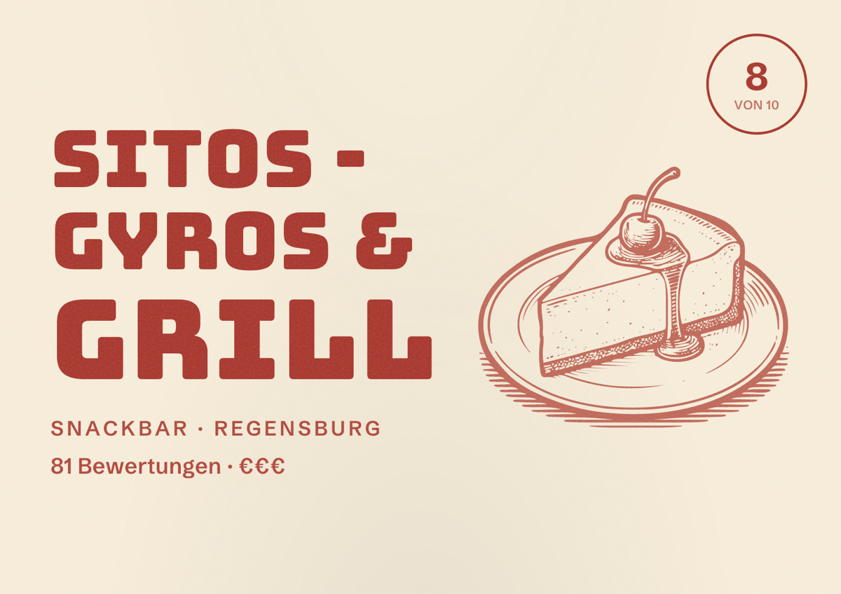 Illustriertes Poster von Sitos - Gyros & Grill, Snackbar in Regensburg: Bewertung 8 von 10 aus 81 Bewertungen, Preisniveau €€€