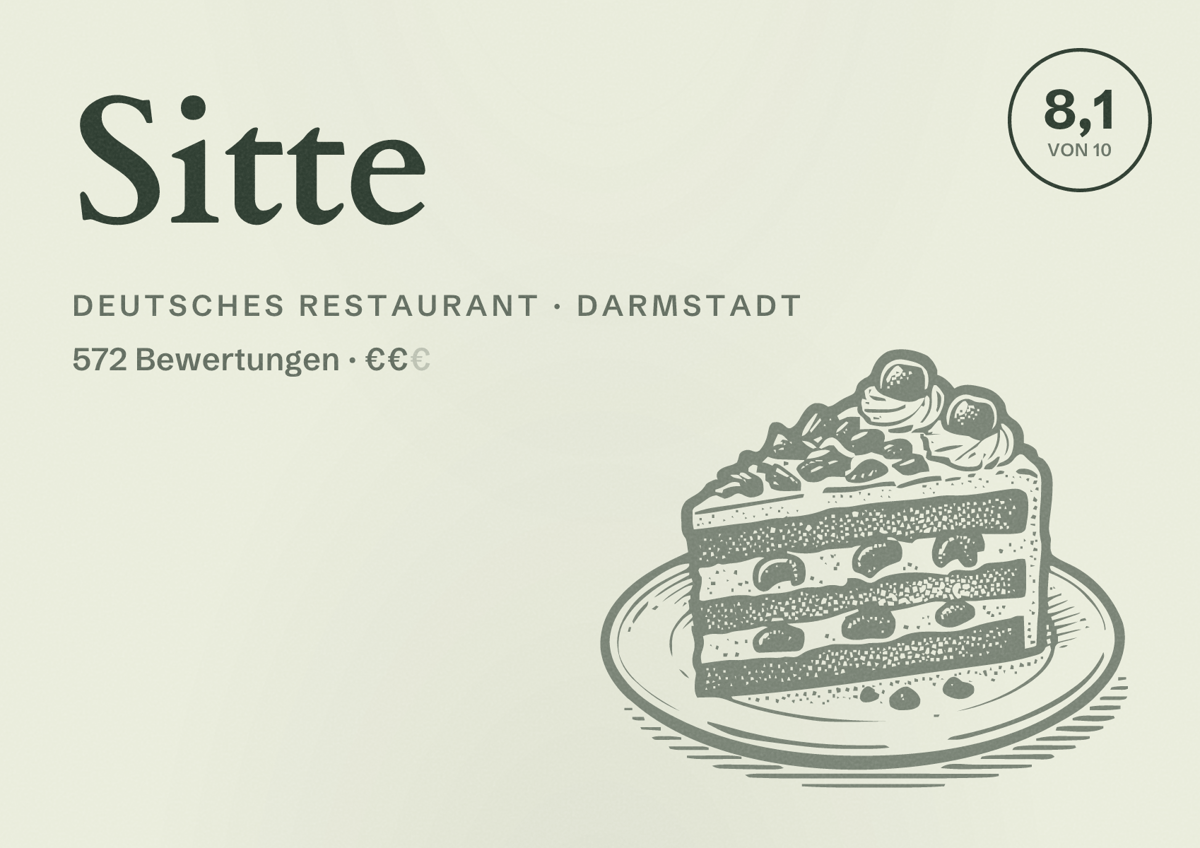 Illustriertes Poster von Sitte, Deutsches Restaurant in Darmstadt: Bewertung 8,1 von 10 aus 572 Bewertungen, Preisniveau €€
