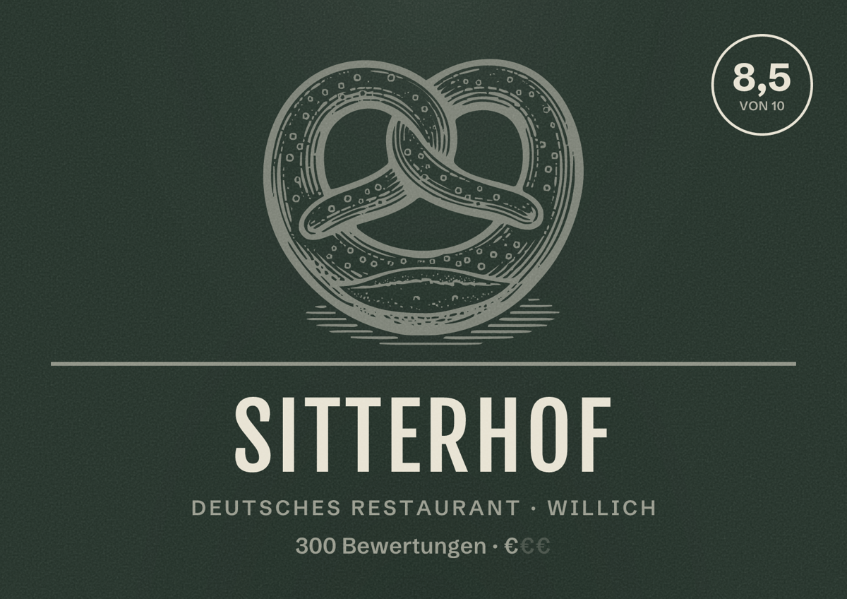 Illustriertes Poster von Sitterhof, Deutsches Restaurant in Willich: Bewertung 8,5 von 10 aus 300 Bewertungen, Preisniveau €