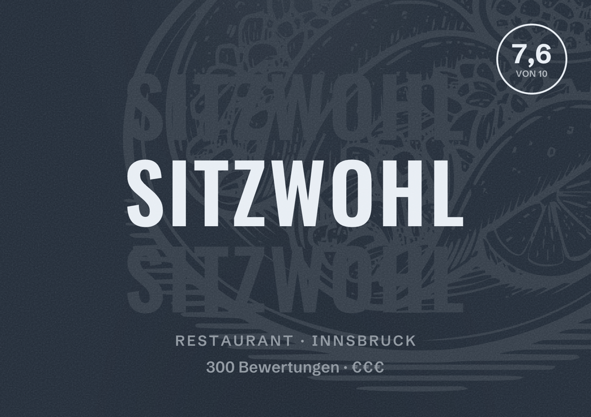 Illustriertes Poster von Sitzwohl, Restaurant in Innsbruck: Bewertung 7,6 von 10 aus 300 Bewertungen, Preisniveau €€€