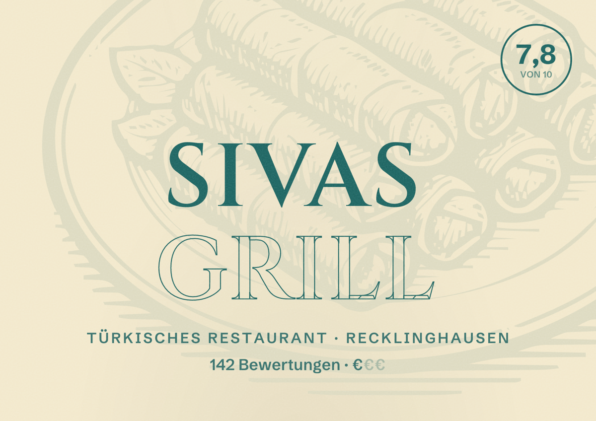 Illustriertes Poster von Sivas Grill, Türkisches Restaurant in Recklinghausen: Gästebewertung 7,8 von 10 aus 142 Bewertungen