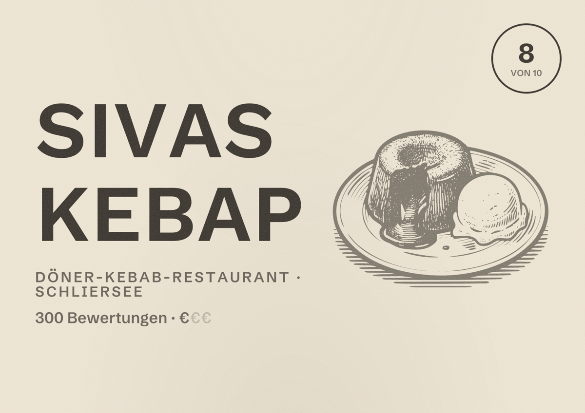 Illustriertes Poster von SIVAS Kebap, Döner-Kebab-Restaurant in Schliersee: Bewertung 8 von 10 aus 300 Bewertungen, Preisniveau €