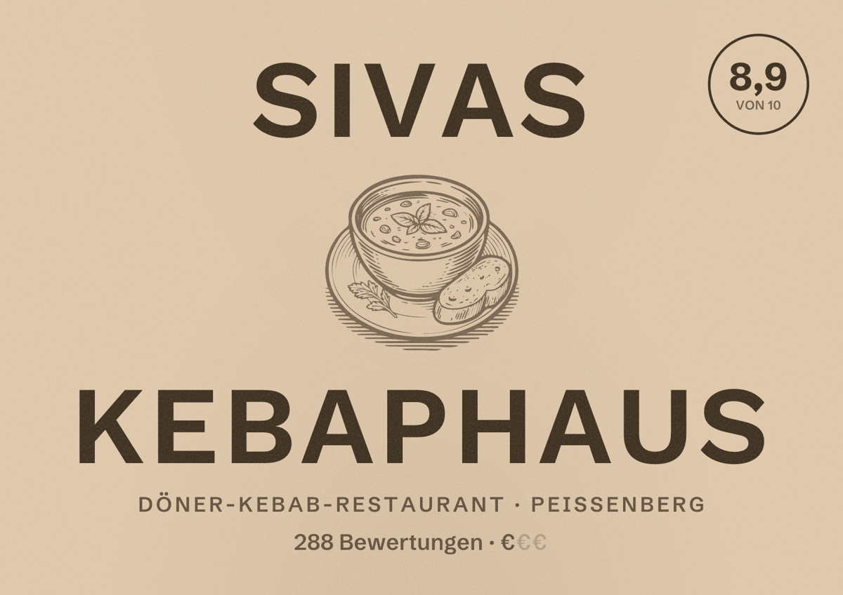 Illustriertes Poster von Sivas kebaphaus, Döner-Kebab-Restaurant in Peißenberg: Bewertung 8,9 von 10 aus 288 Bewertungen, Preisniveau €