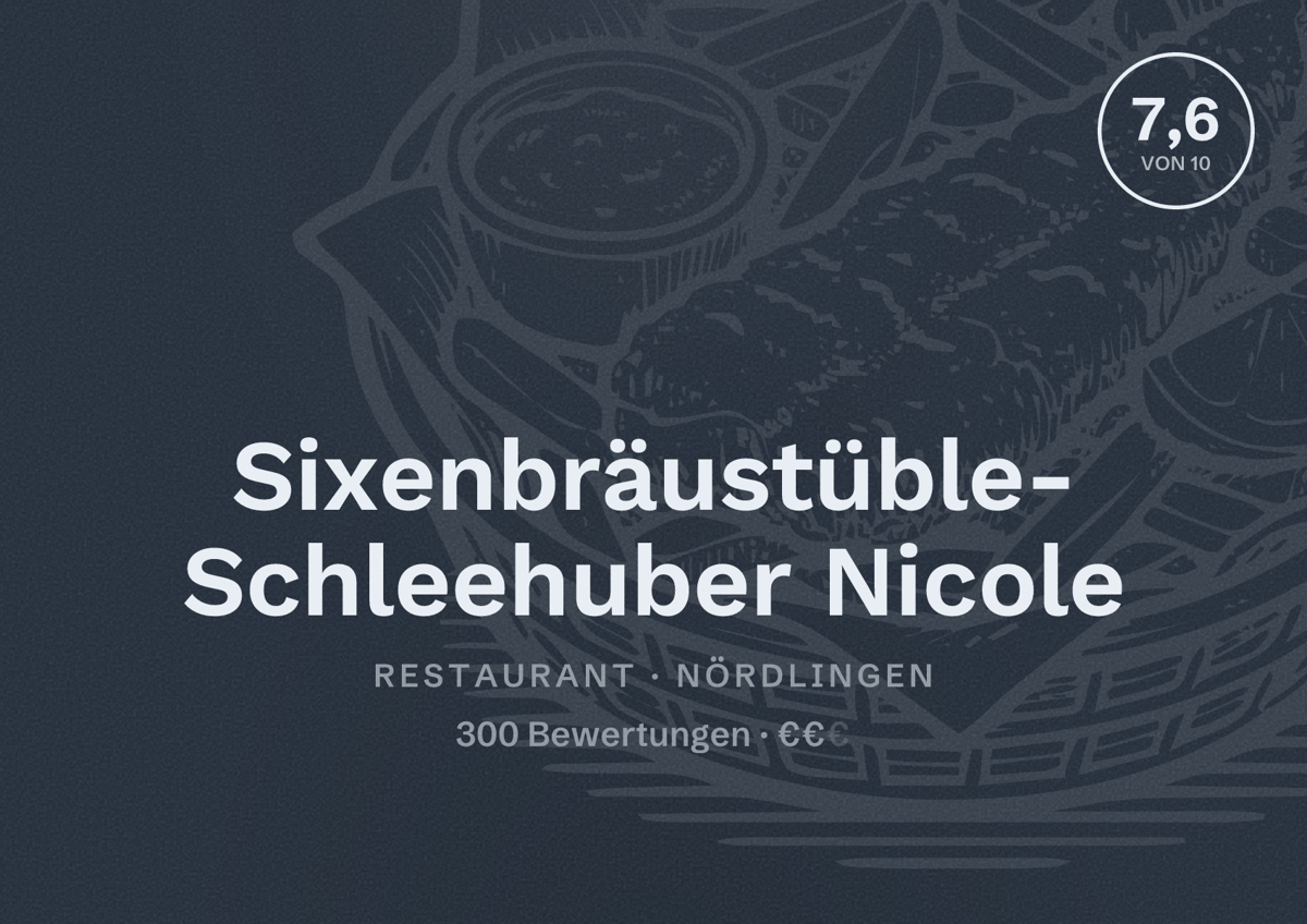 Illustriertes Poster von Sixenbräustüble- Schleehuber Nicole, Restaurant in Nördlingen: Bewertung 7,6 von 10 aus 300 Bewertungen, Preisniveau €€
