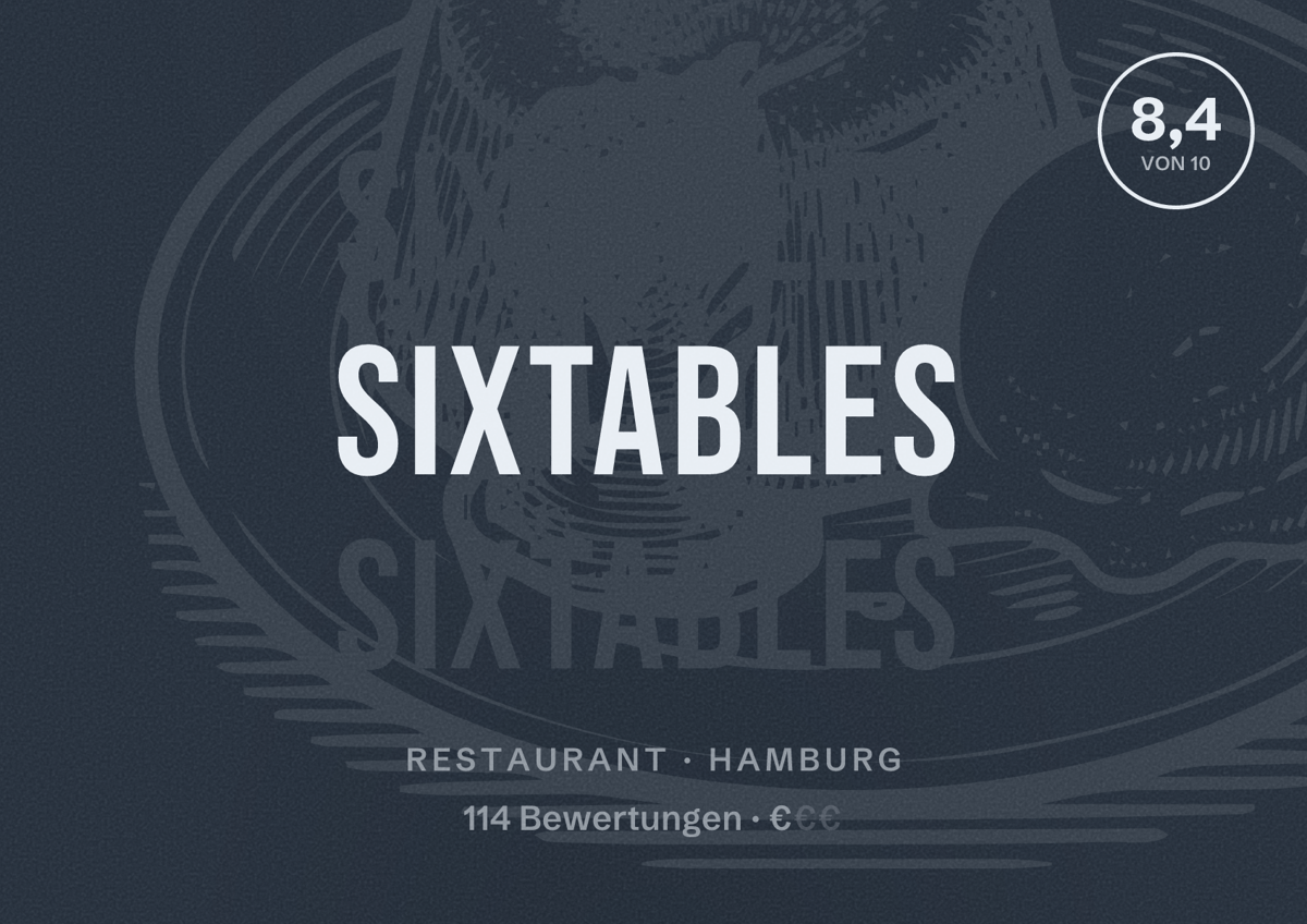 Illustriertes Poster von SixTables, Restaurant in Hamburg: Bewertung 8,4 von 10 aus 114 Bewertungen, Preisniveau €