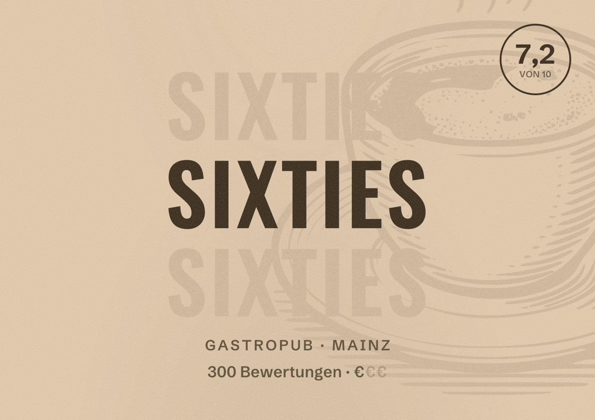 Illustriertes Poster von Sixties, Gastropub in Mainz: Bewertung 7,2 von 10 aus 300 Bewertungen, Preisniveau €