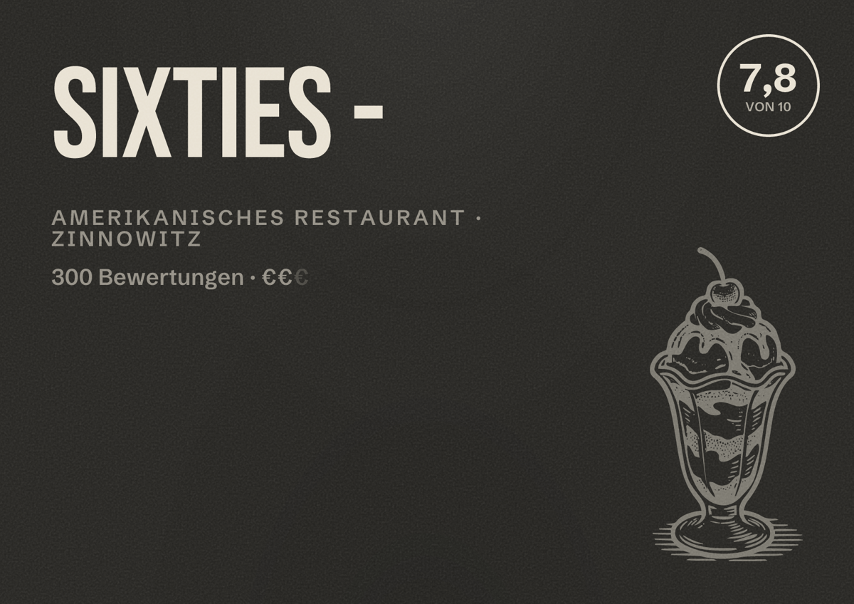 Illustriertes Poster von Sixties -, Amerikanisches Restaurant in Zinnowitz: Bewertung 7,8 von 10 aus 300 Bewertungen, Preisniveau €€