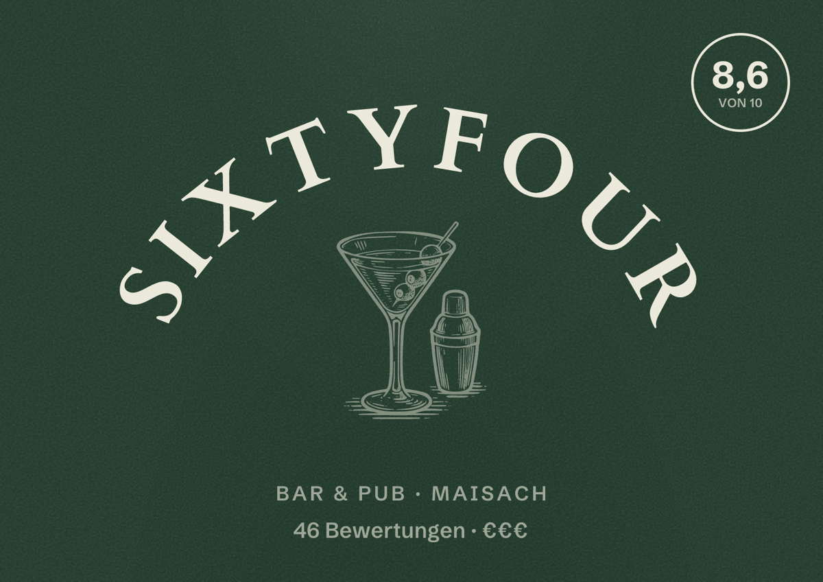 Illustriertes Poster von SixtyFour, Bar & Pub in Maisach: Bewertung 8,6 von 10 aus 46 Bewertungen, Preisniveau €€€