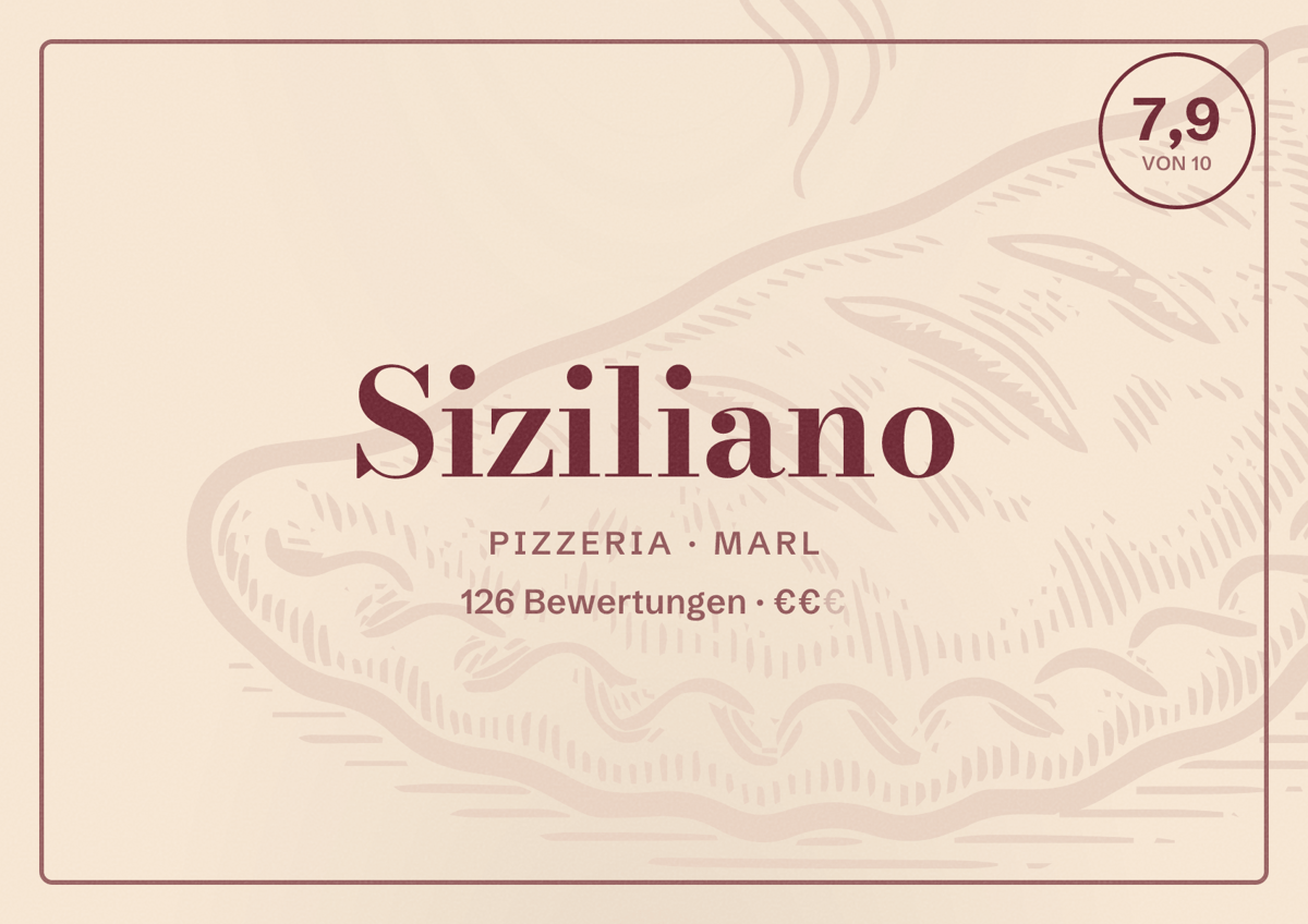 Illustriertes Poster von Siziliano, Pizzeria in Marl: Bewertung 7,9 von 10 aus 126 Bewertungen, Preisniveau €€