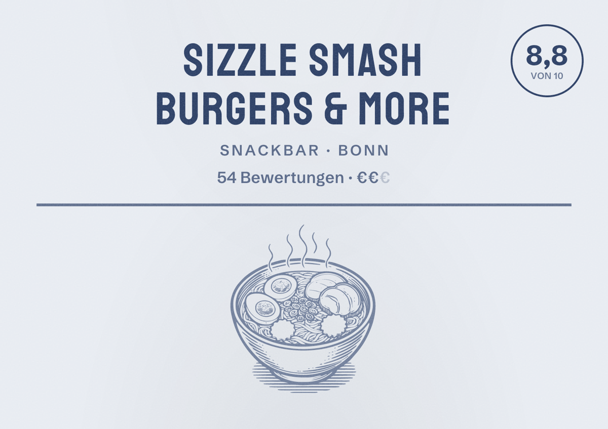 Illustriertes Poster von Sizzle Smash Burgers & More, Snackbar in Bonn: Bewertung 8,8 von 10 aus 54 Bewertungen, Preisniveau €€